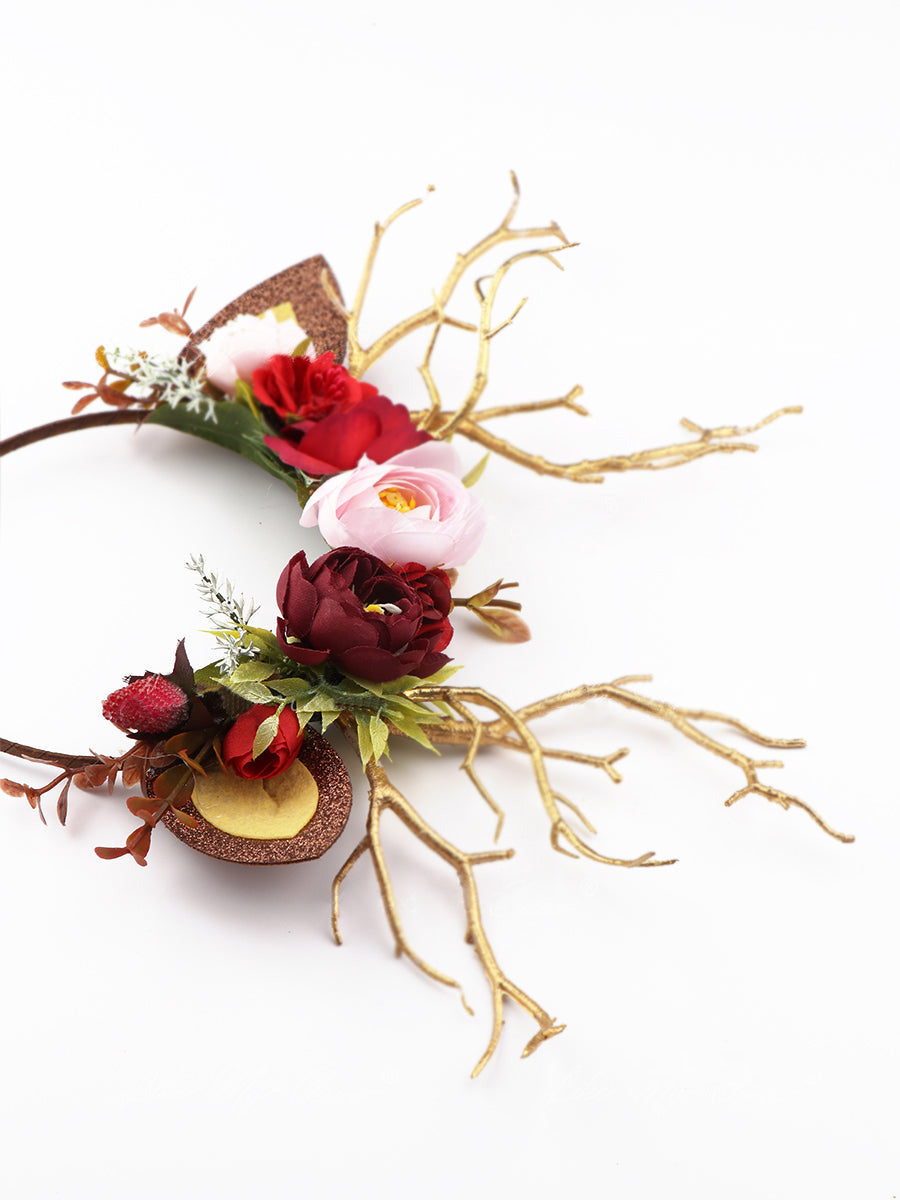 Burgundy Flower Christmas Reindeer Headband