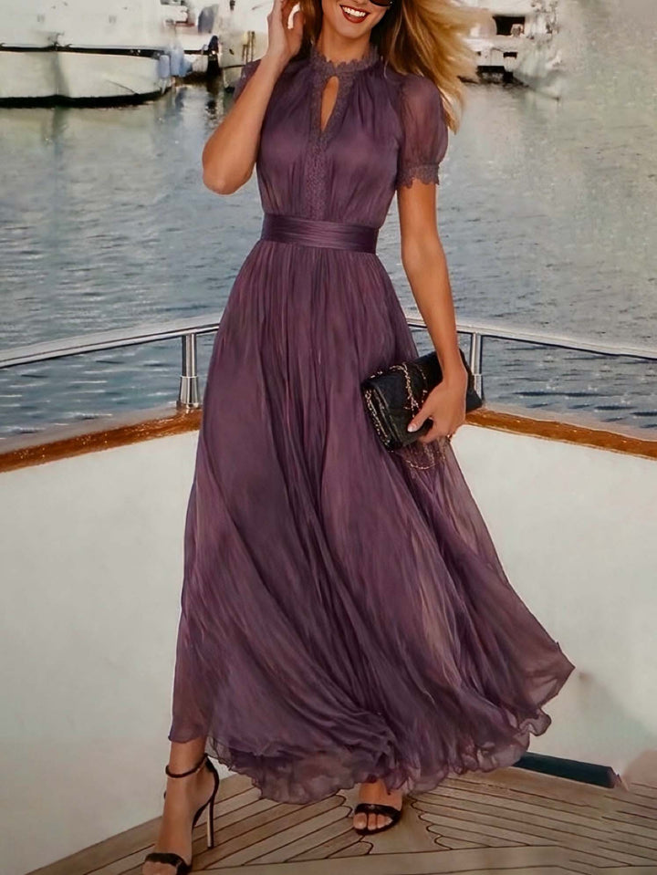 Elegant Lace Trim Pleated Chiffon Maxi Dress