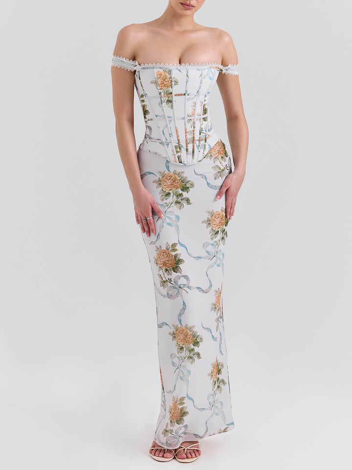 Retro Print Corset Maxi Dress