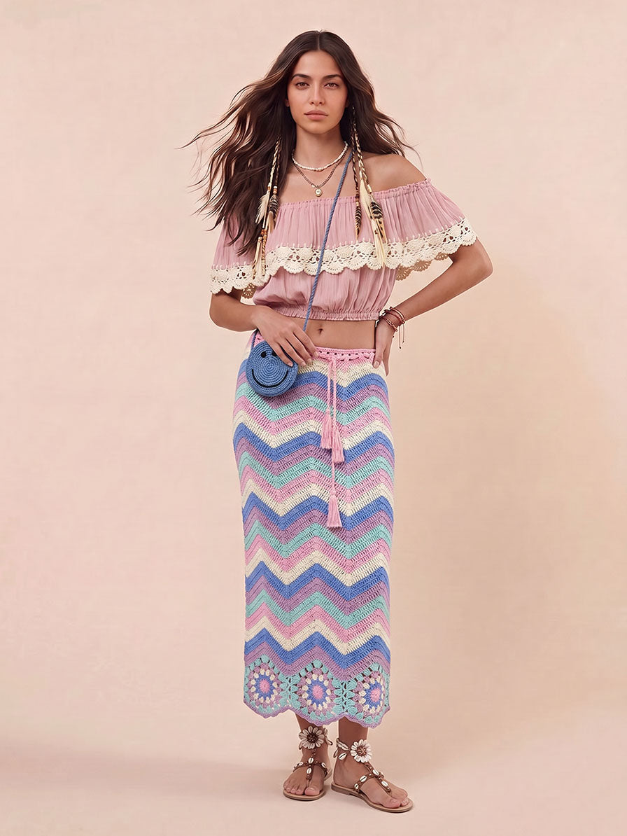 Bohemian Ruffle Crop Top & Crochet Herringbone Skirt Two-Piece Set