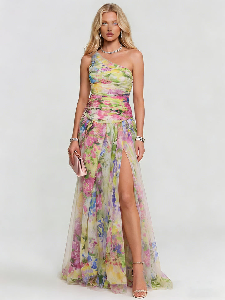 Elegant One-shoulder Watercolor Print Tulle Maxi Dress