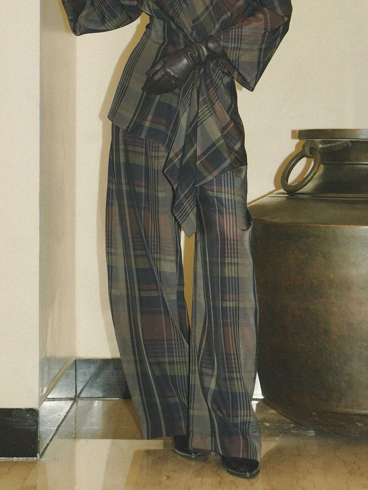 Asymmetric Draped Plaid Long-Sleeve Top