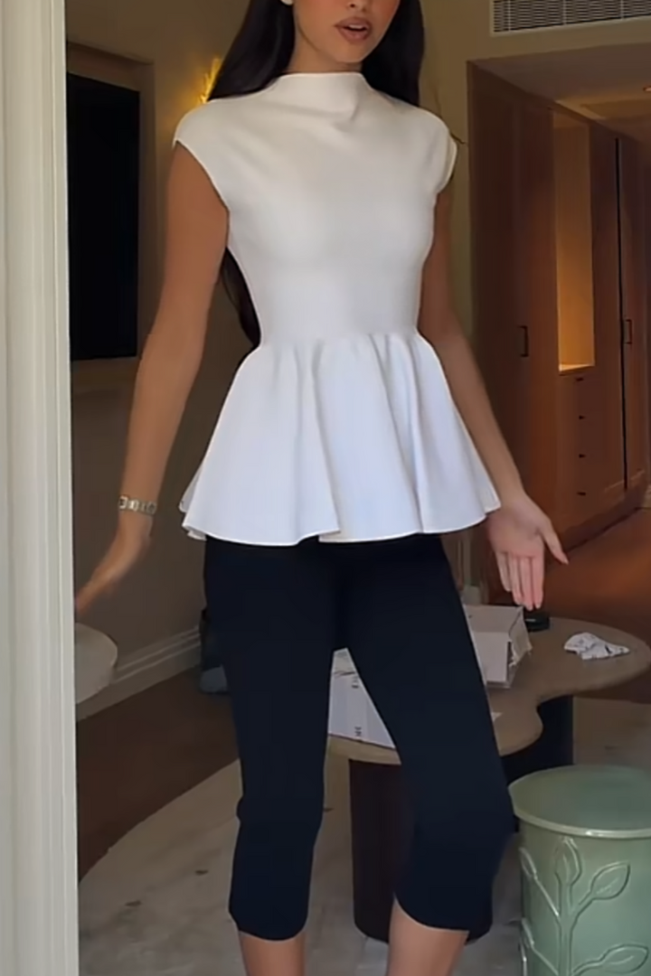 Elegant Office Stand Collar Peplum Top Slim Capri Pants Two Piece Outfits