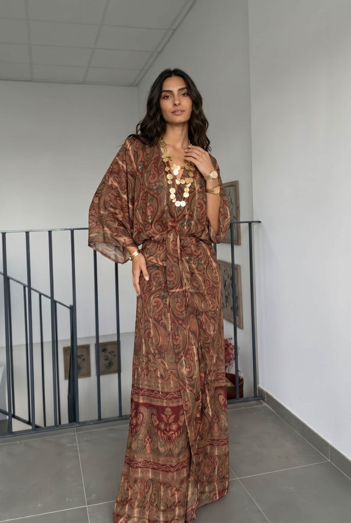 V-Neck Printed Slit Streamer Design Maxi Dress