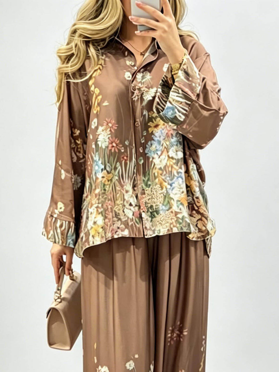 Elegant Floral Print Satin Wide Leg Pants