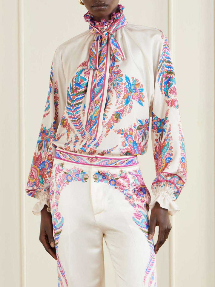 Exquisite Bow Detail Paisley Print Satin Shirt