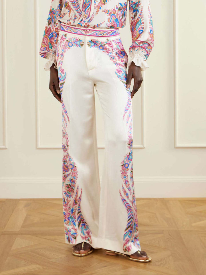 Exquisite Paisley Print Satin Wide-Leg Pants