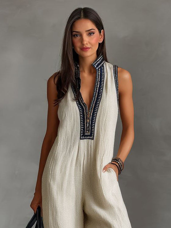 Casual Sleeveless Color-block Jumpsuit