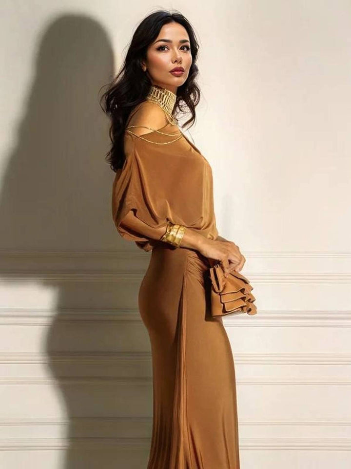 Oblique Collar Off-Shoulder Pleated Maxi Dress
