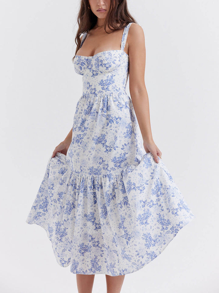 Midikleid mit Blumenmuster, Trägern und A-Saum