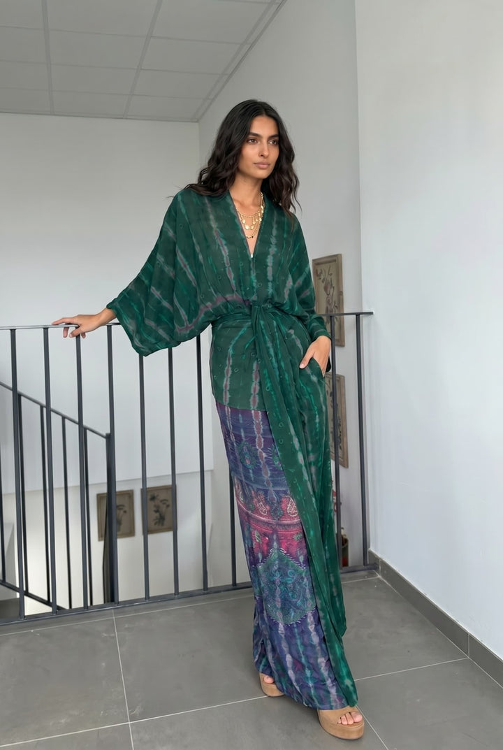V-Neck Printed Patchwork Slit Streamer Design Maxi Dress