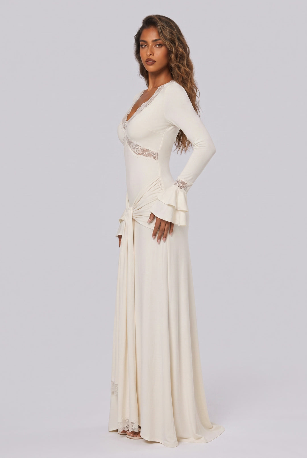 Tight Waist Lace Trim Horn Sleeve Long Dress