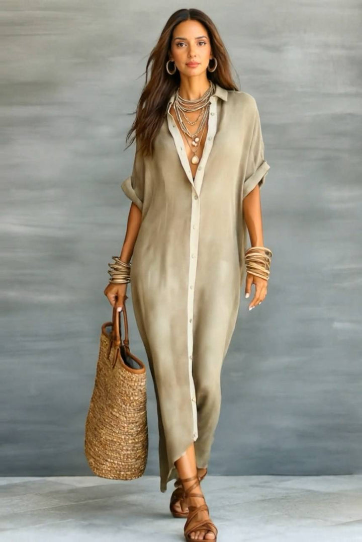 Color Contrast Loose Maxi Shirt Dress