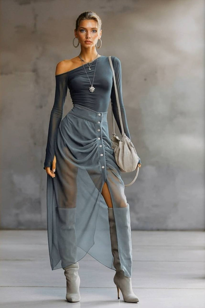 Off-Shoulder Pleated Maxi Dress
