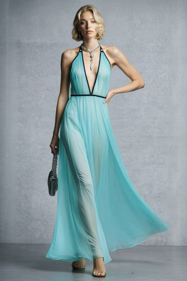 Color Contrast Halter-Neck High Waist Maxi Dress
