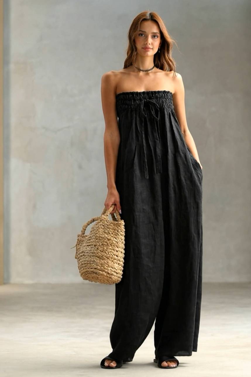 Pleated  Design Strapless Jumpsuit