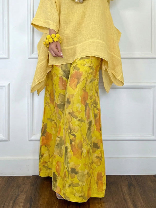 Casual Asymmetrical Top & Printed Wide Leg Pants Set