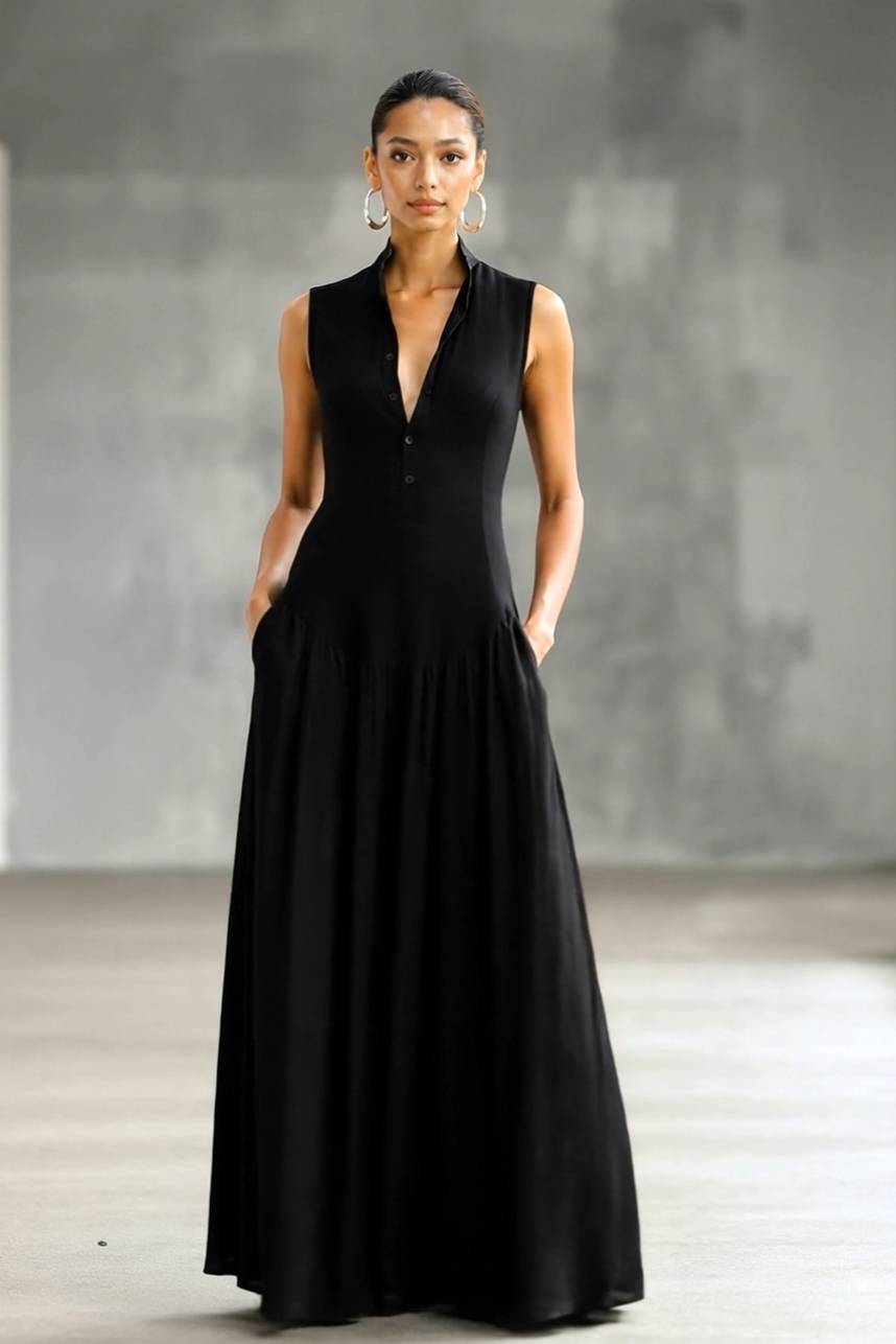 Minimalist Stand-Collar Maxi Dress