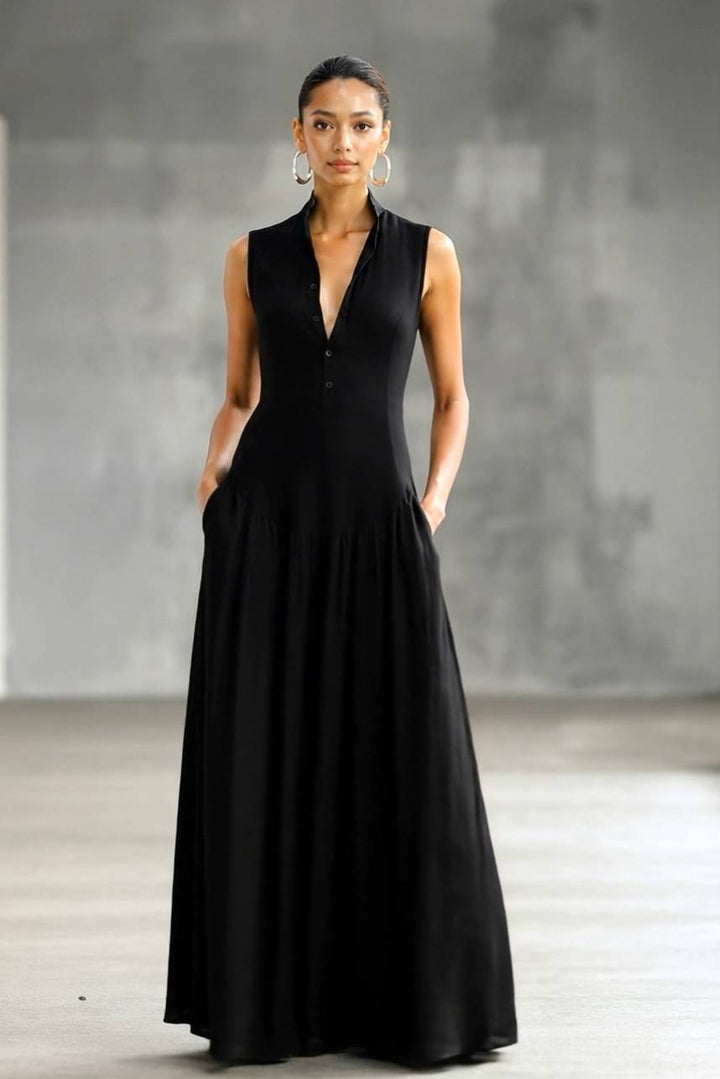 Minimalist Stand-Collar Maxi Dress