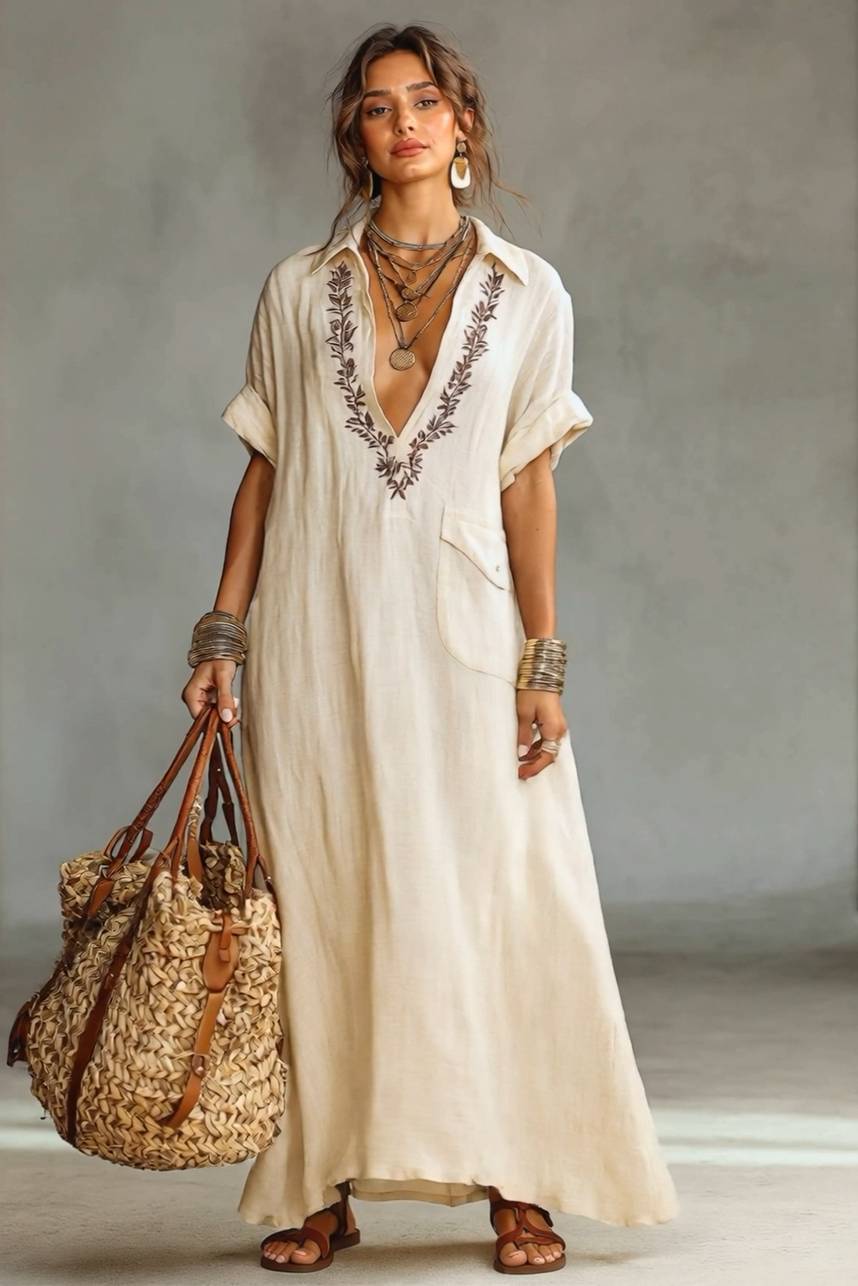 V-Neck Embroidered Maxi Dress