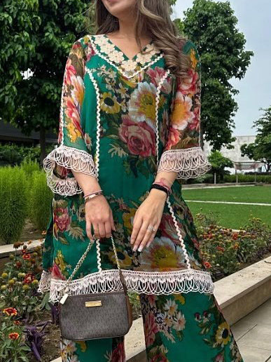 Elegant Floral Print Lace-Trim Long Shirt