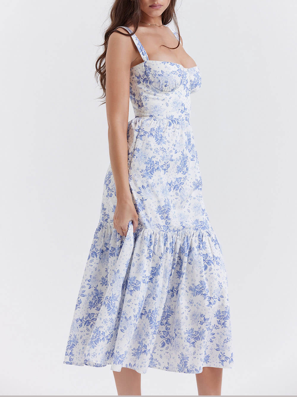 Midikleid mit Blumenmuster, Trägern und A-Saum