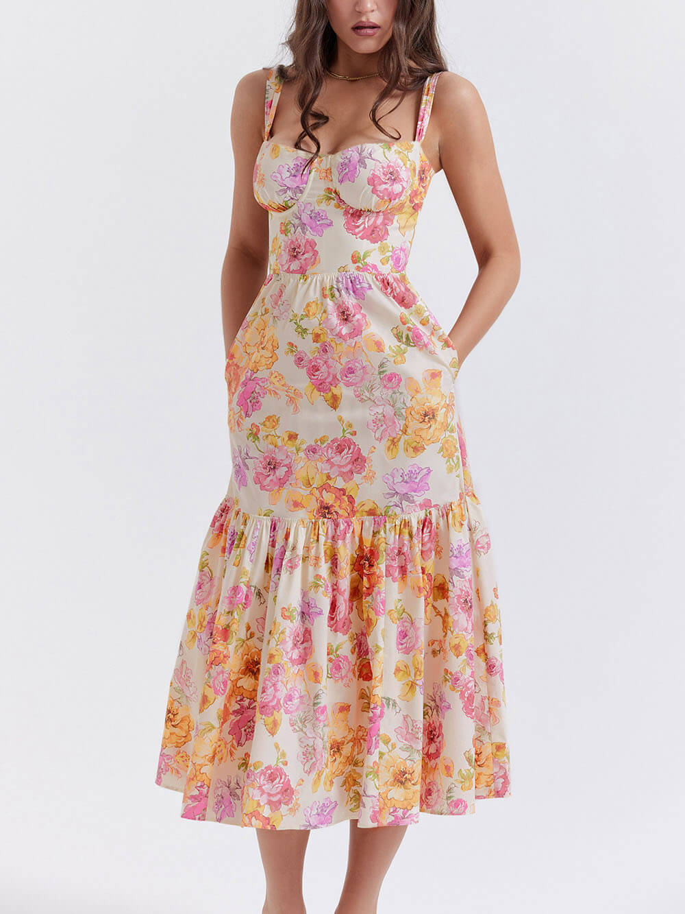 Midikleid mit Blumenmuster, Trägern und A-Saum