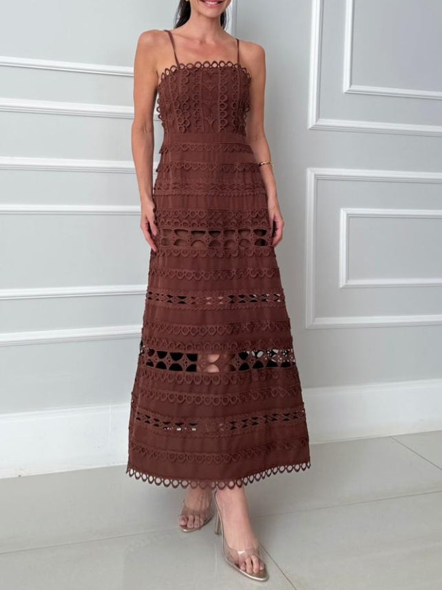 Elegant Lace Hollow-Out Spaghetti Strap Midi Dress