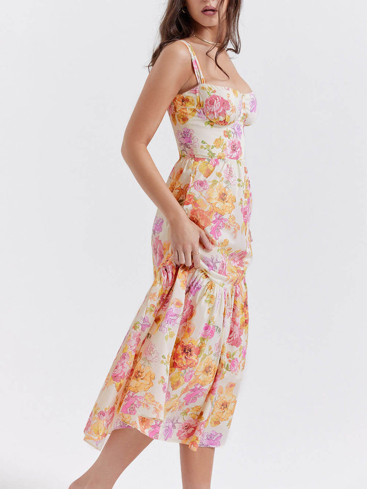 Midikleid mit Blumenmuster, Trägern und A-Saum