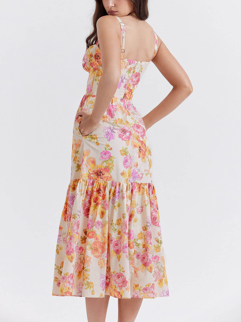 Midikleid mit Blumenmuster, Trägern und A-Saum