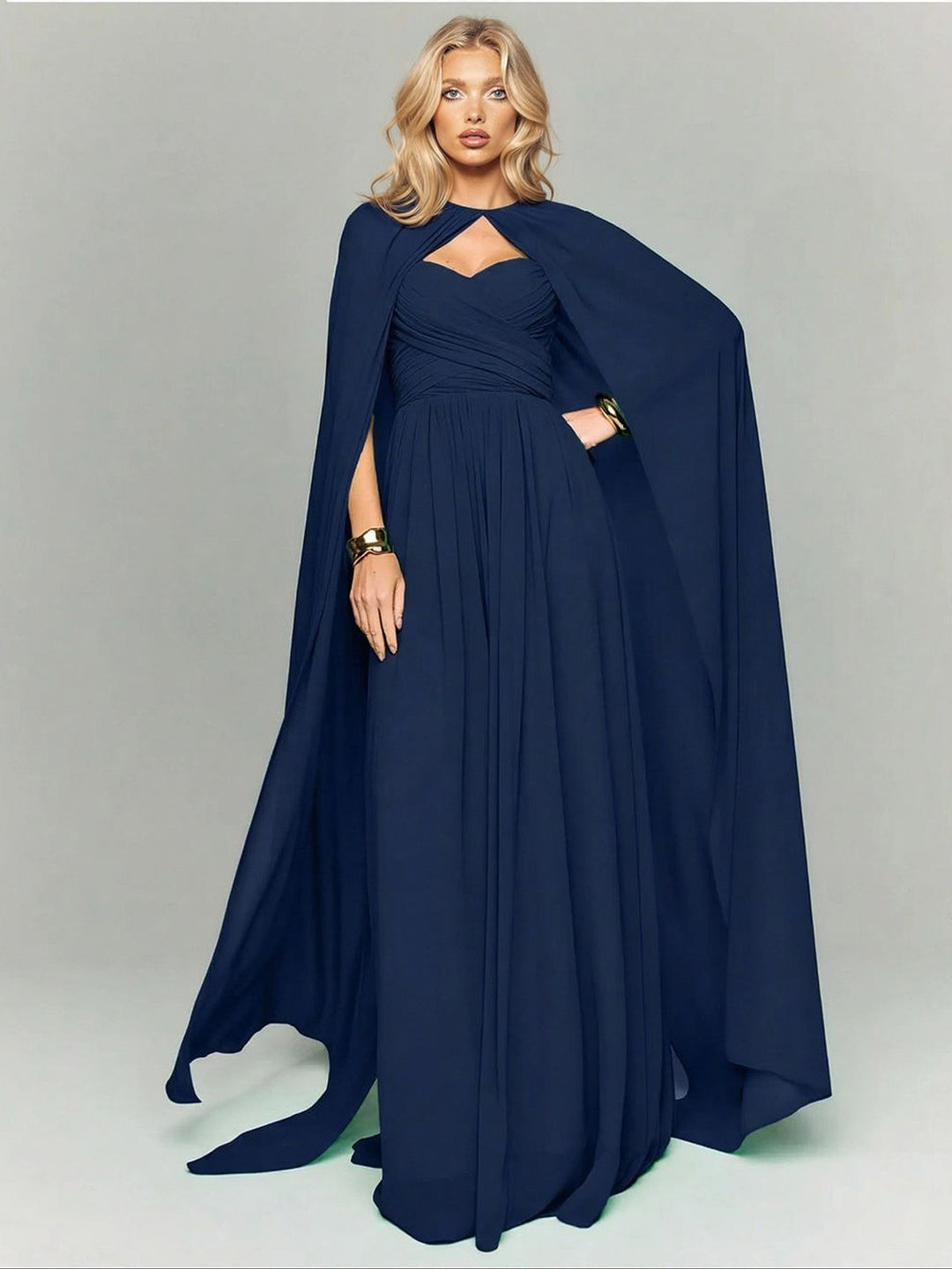 Elegant Strapless Ruched Maxi Dress With Flowing Cape