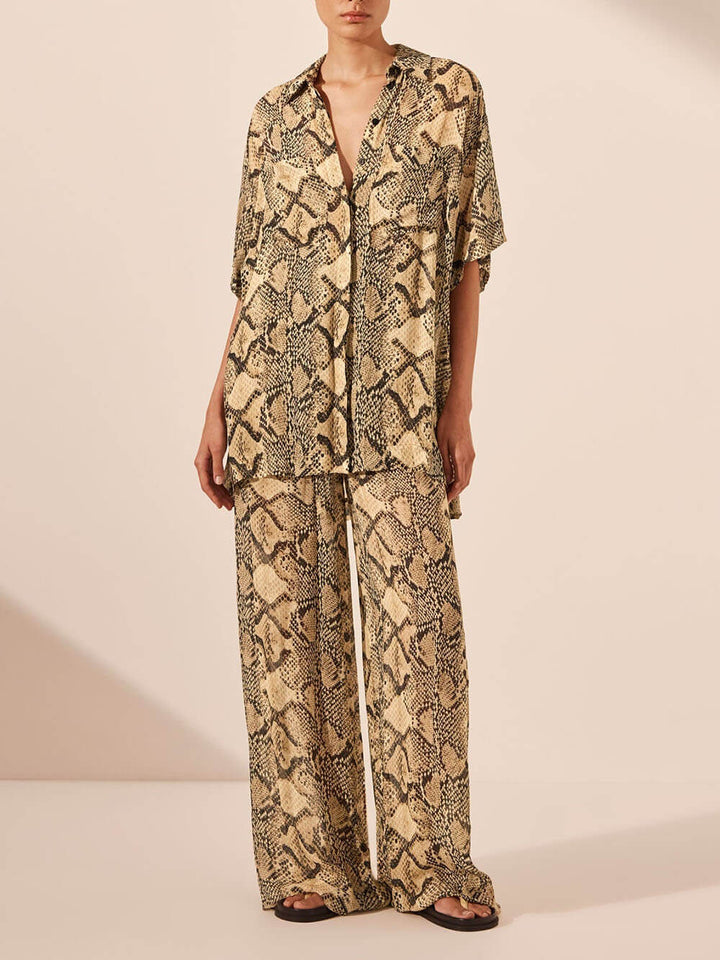 Modern Feel Satin Unique Snake Print Button Down Loose Shirt