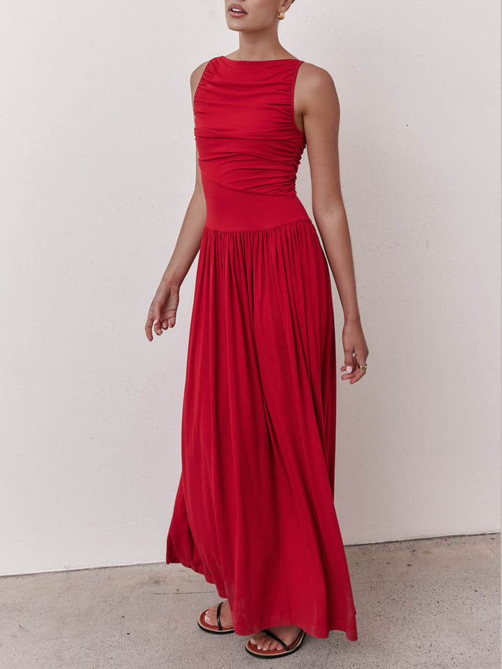 Elegante geplooide mouwloze maxi-jurk
