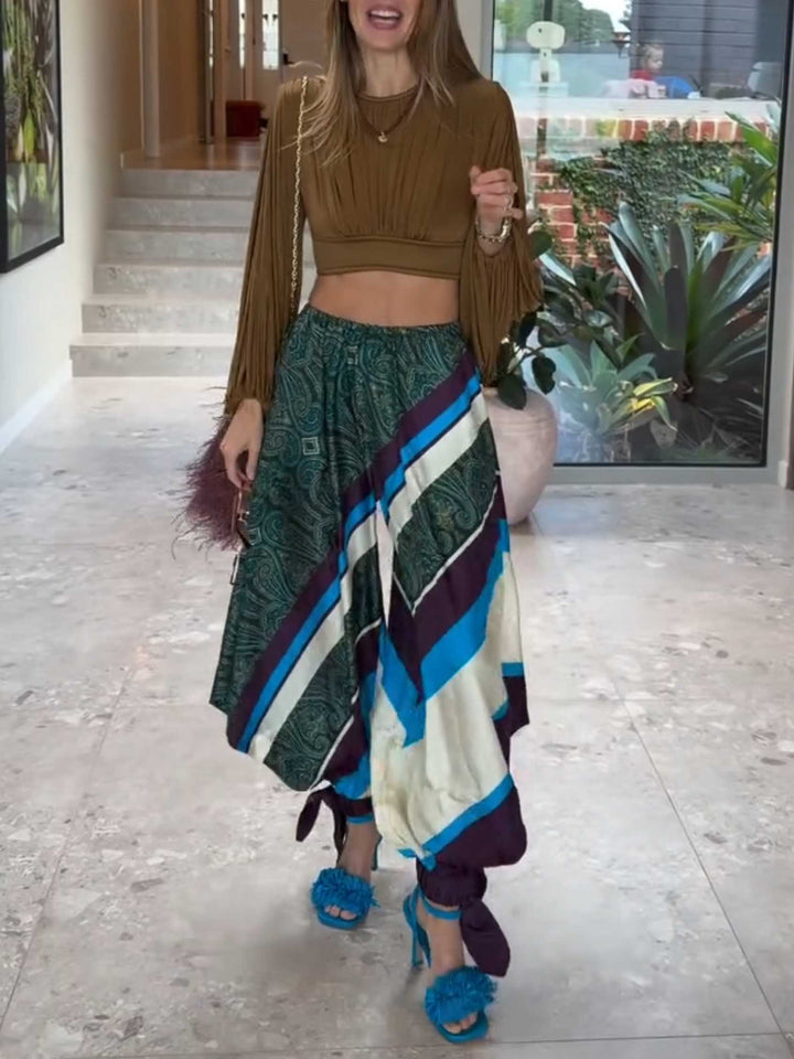 Brown Crop Top Color Block Print Pants Two-Piece Set