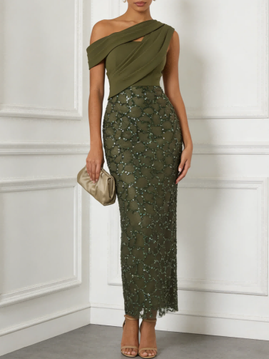Elegant Draped Sequin Mesh Maxi Dress