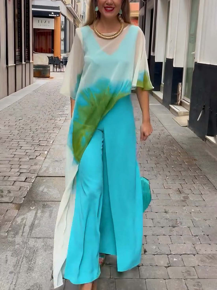 Abstract Watercolor Blue Print Asymmetrical Two-piece Set