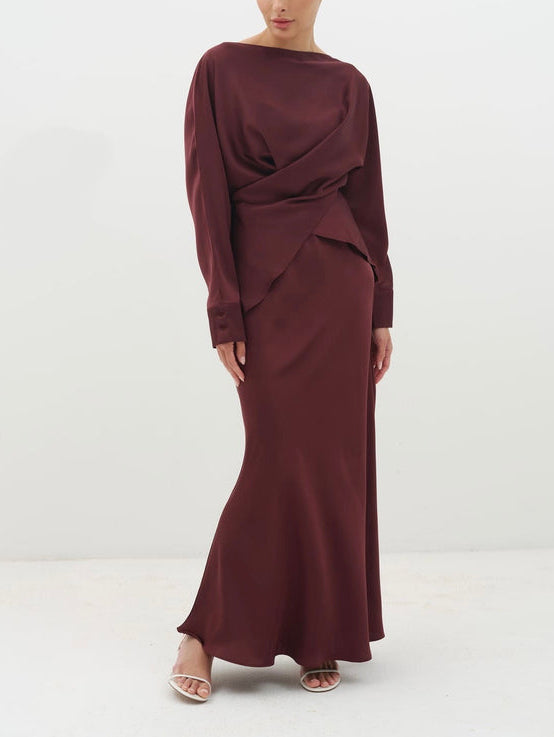 Elegant Draped Satin Mermaid Maxi Skirt