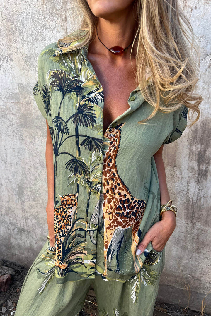 Unique Jungle Print Elastic Waist Pocket Wide-Leg Pants