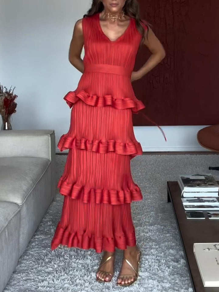 Elegant Sleeveless Pleated Tiered Ruffle Maxi Dress