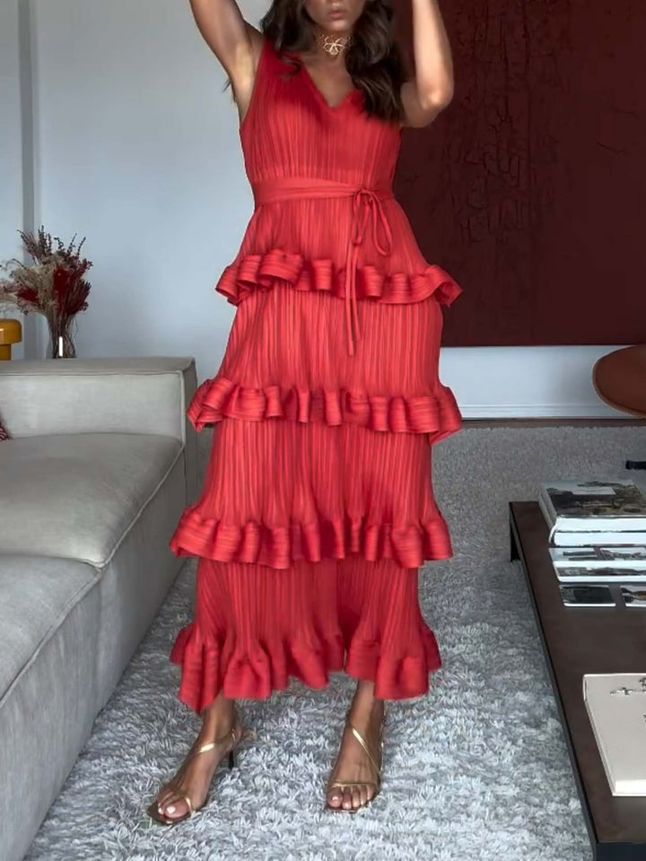 Elegant Sleeveless Pleated Tiered Ruffle Maxi Dress