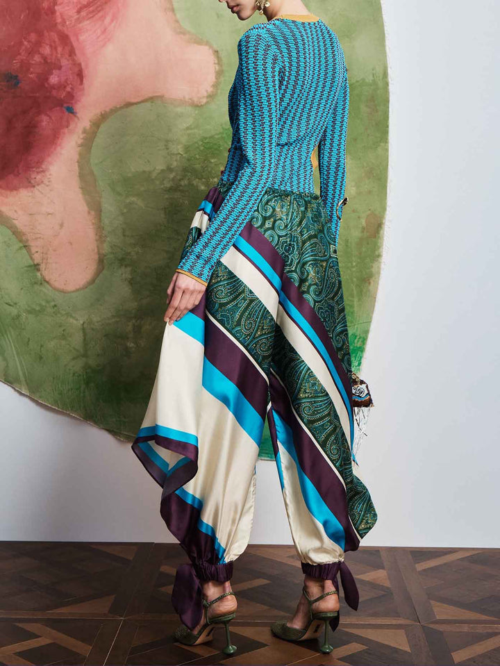 Brown Crop Top Color Block Print Pants Two-Piece Set