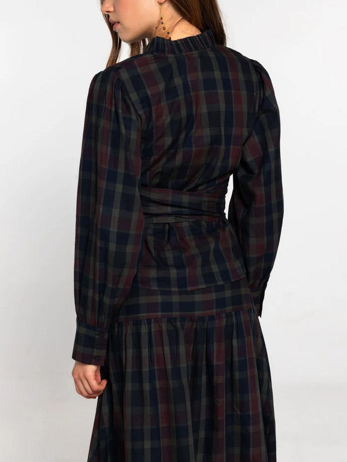 Retro Plaid Print Tie-belt Shirt