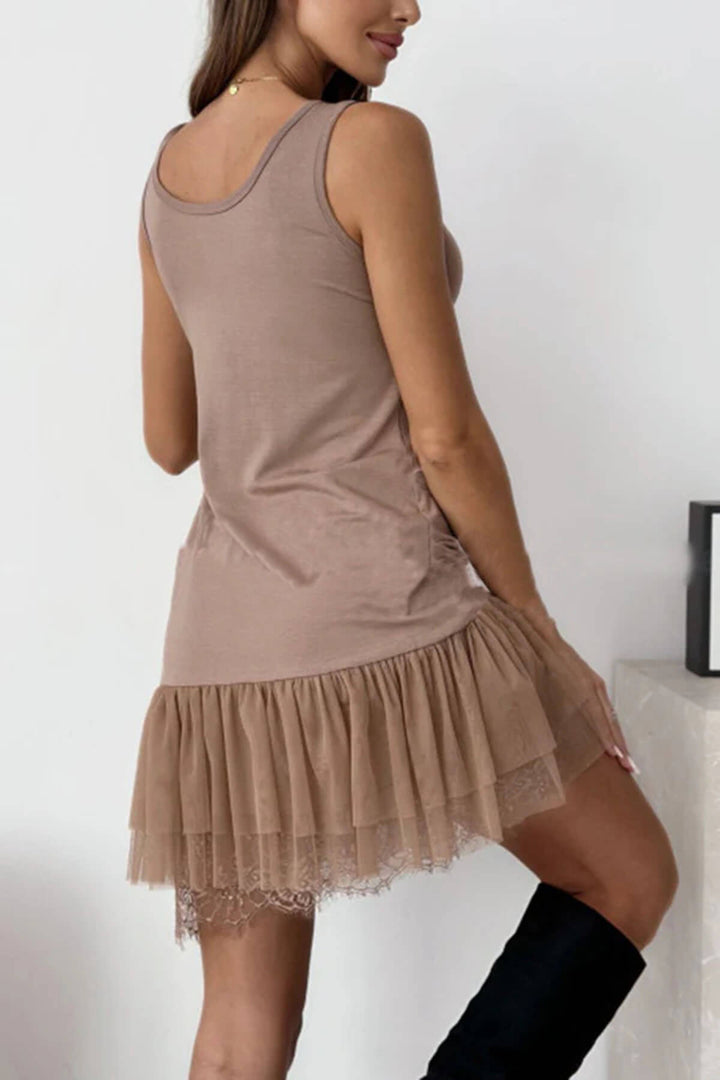 Fashion Tulle Lace Tiered Hem Stretch Tank Mini Dress