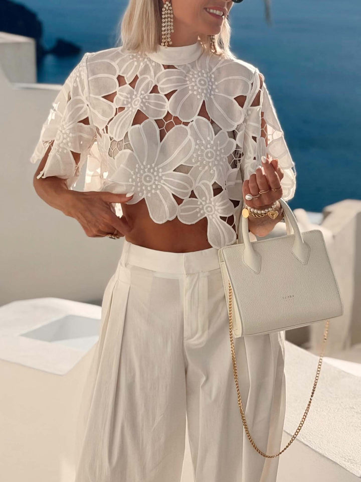 Exquisite Floral Lace Cutwork Crop Top & Wide-Leg Pants Two-Piece Set