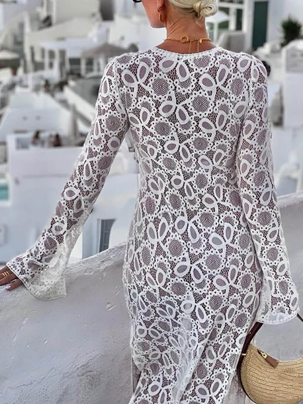 Summer Casual Lace Hook Flower Slit See-Through Holiday Lace Maxi Dress