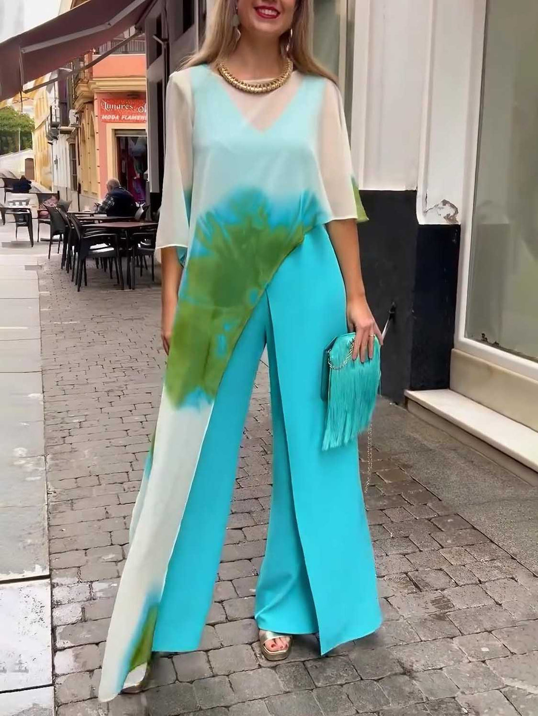 Abstract Watercolor Blue Print Asymmetrical Two-piece Set