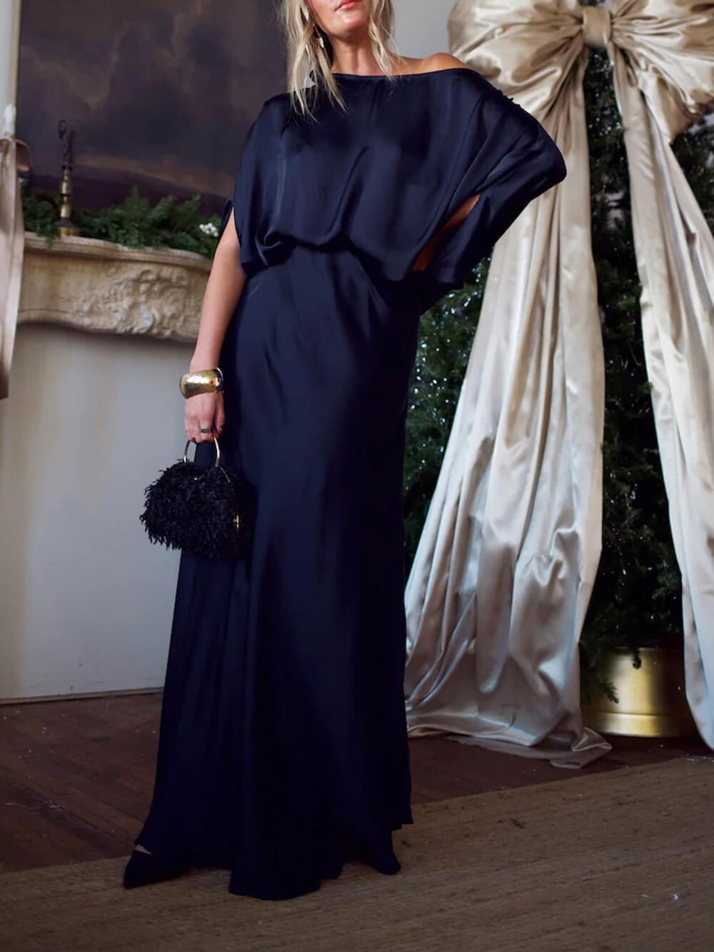 Exquisite Satin Off-Shoulder Loose Draped Blouse