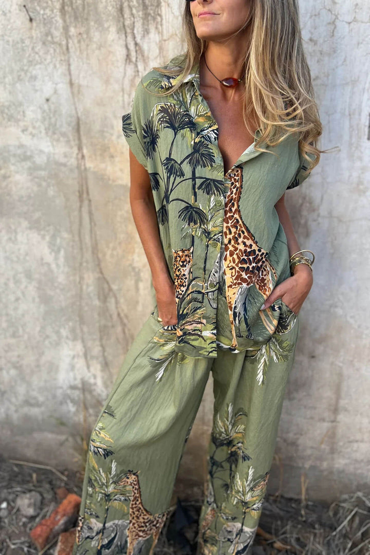 Unique Jungle Print Loose Button-Down Shirt