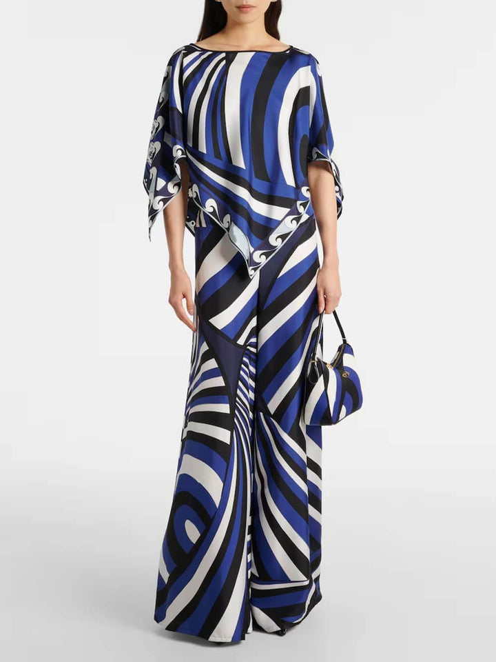 Unique Rainbow Print Satin Loose-Fit Blouse