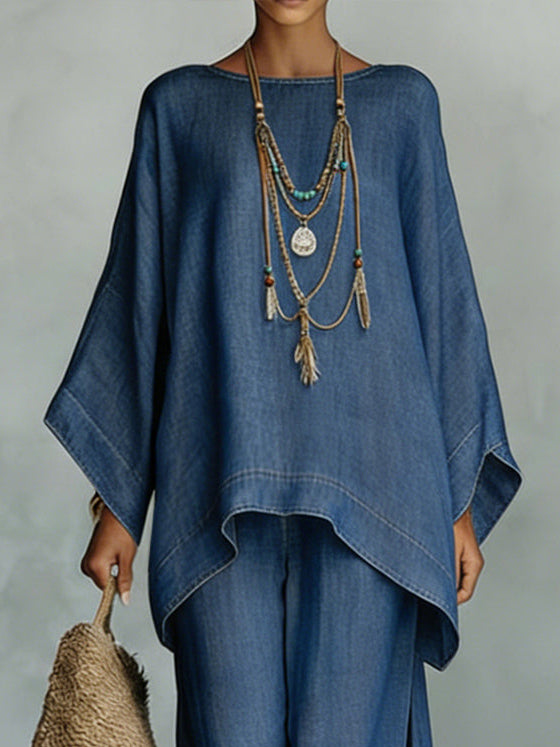 Casual Denim Batwing Asymmetrical Top & Wide Leg Pants Set